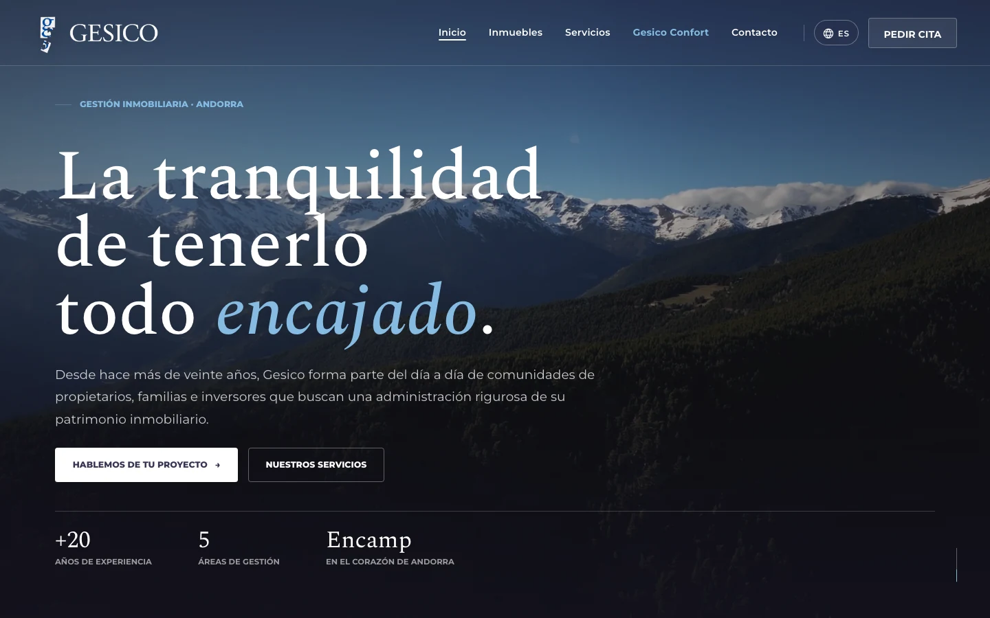 Portada del web d'Immogesico: titular gran sobre una foto de muntanyes nevades al capvespre (Escriptori)