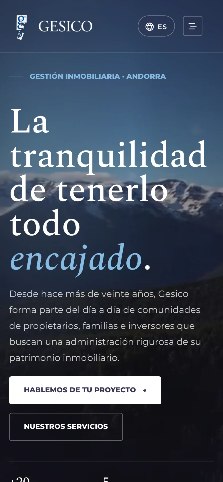Portada del web d'Immogesico: titular gran sobre una foto de muntanyes nevades al capvespre (Mòbil)